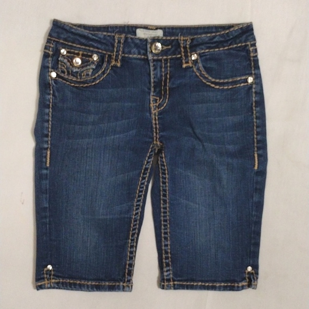 LA Idol Rhinestone Denim Bermuda Shorts Bling Pockets Contrast Stitch Size 7